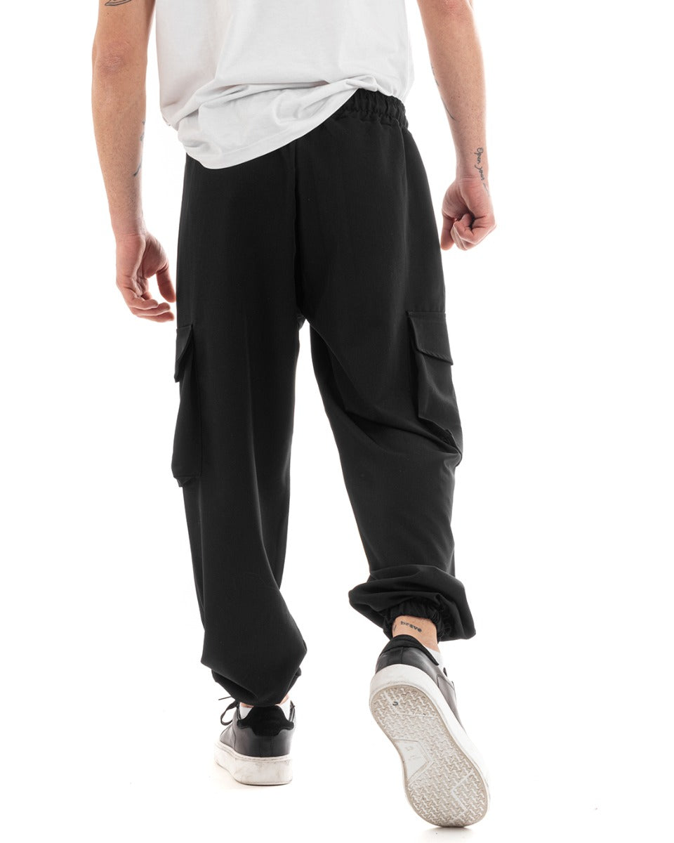 Men's Long Cargo Trousers Viscose Solid Color Black Elastic GIOSAL-P5650A