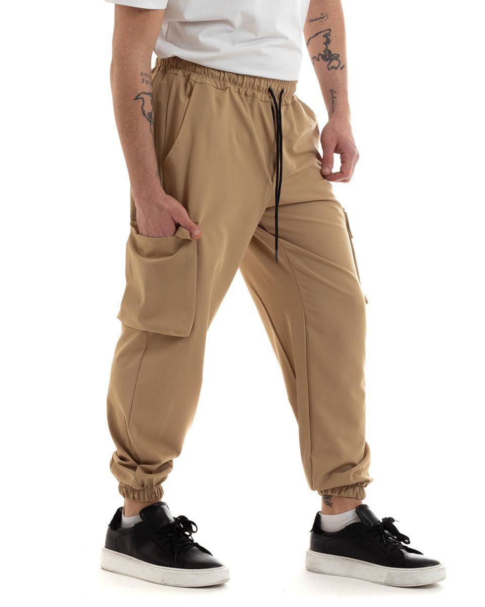 Men's Long Cargo Trousers Viscose Solid Color Camel Elastic GIOSAL-P5651A