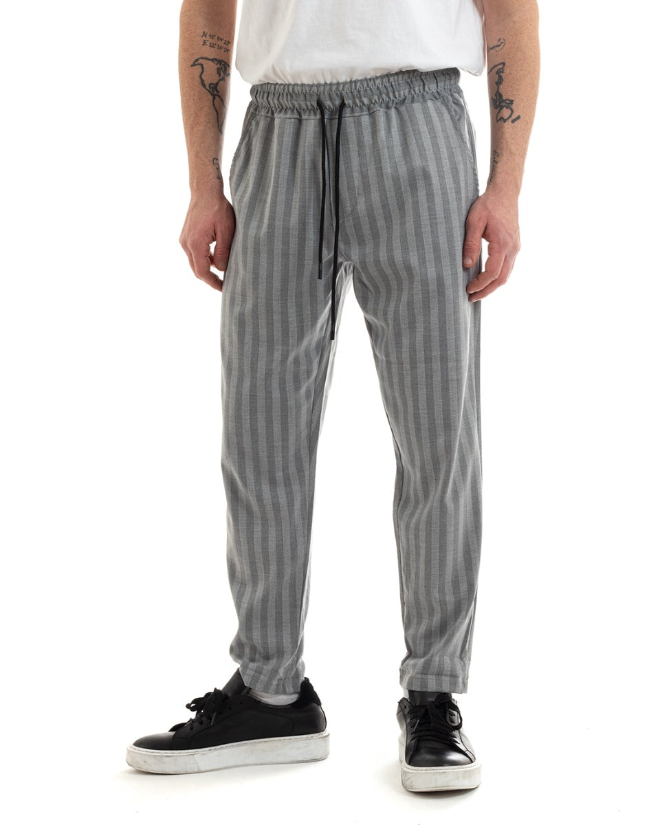 Men's Long Striped Elastic Casual Trousers Gray GIOSAL-P5653A