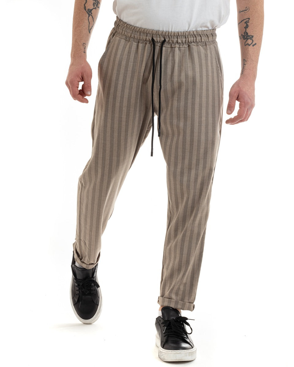 Men's Long Striped Elastic Casual Trousers Camel GIOSAL-P5654A