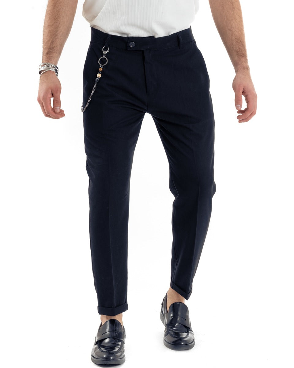 Pantaloni Uomo Viscosa Classico Abbottonatura Allungata Casual Blu GIOSAL-P5657A