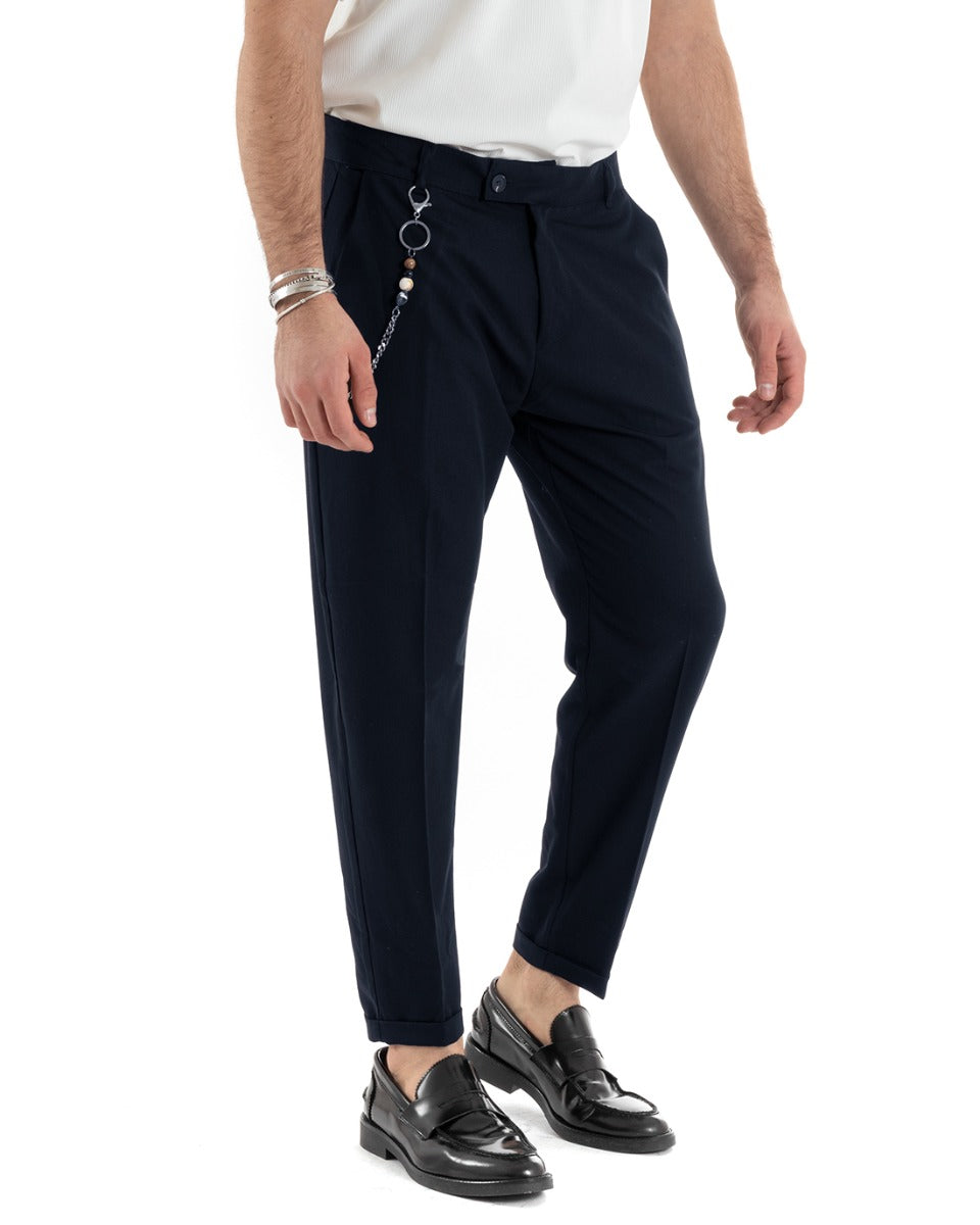 Pantaloni Uomo Viscosa Tasca America Classico Abbottonatura Allungata Casual Blu GIOSAL-P5963A