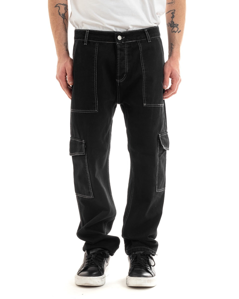 Pantaloni Uomo Lungo Cargo Tasconi Jeans Nero Straight Fit GIOSAL-P5660A