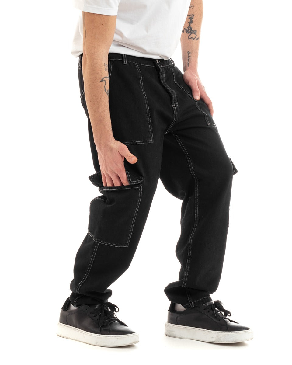 Pantaloni Uomo Lungo Cargo Tasconi Jeans Nero Straight Fit GIOSAL-P5660A