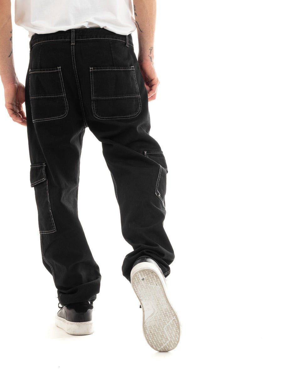 Men's Long Cargo Jeans Pants Solid Color Black Straight Pockets GIOSAL-P5660A