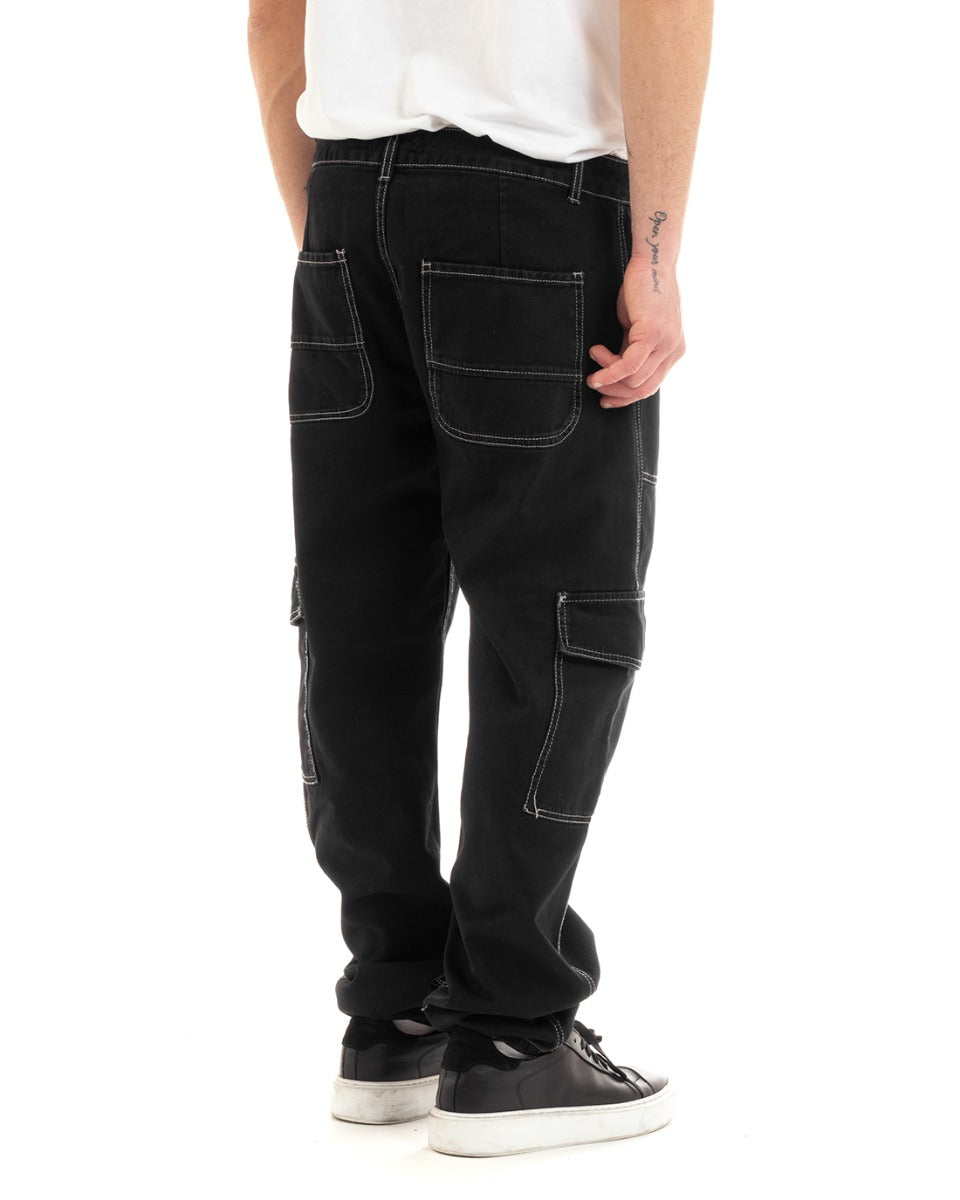 Men's Long Cargo Jeans Pants Solid Color Black Straight Pockets GIOSAL-P5660A
