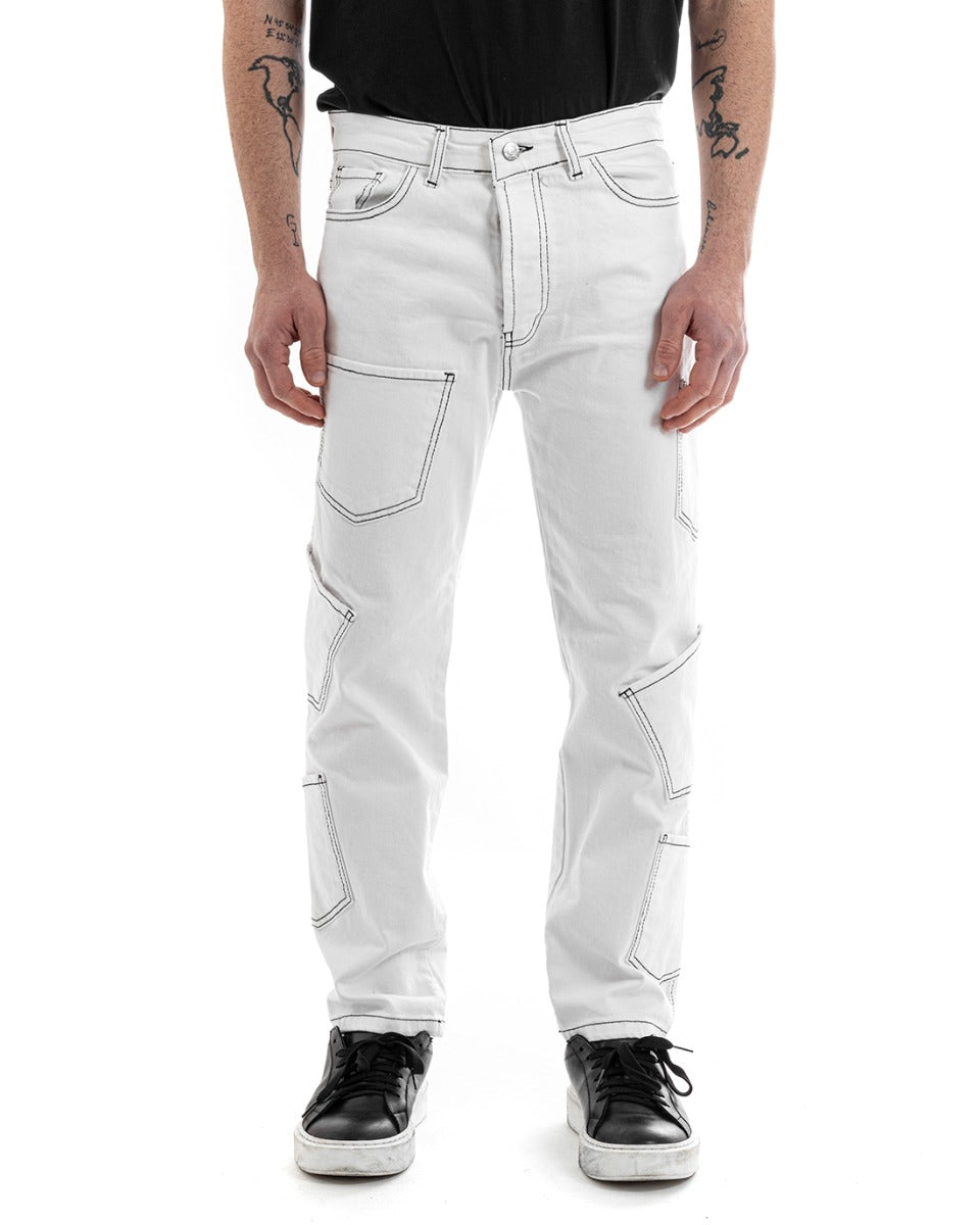 Men's Long Cargo Jeans Pants Solid Color White Straight Pockets GIOSAL-P5661A