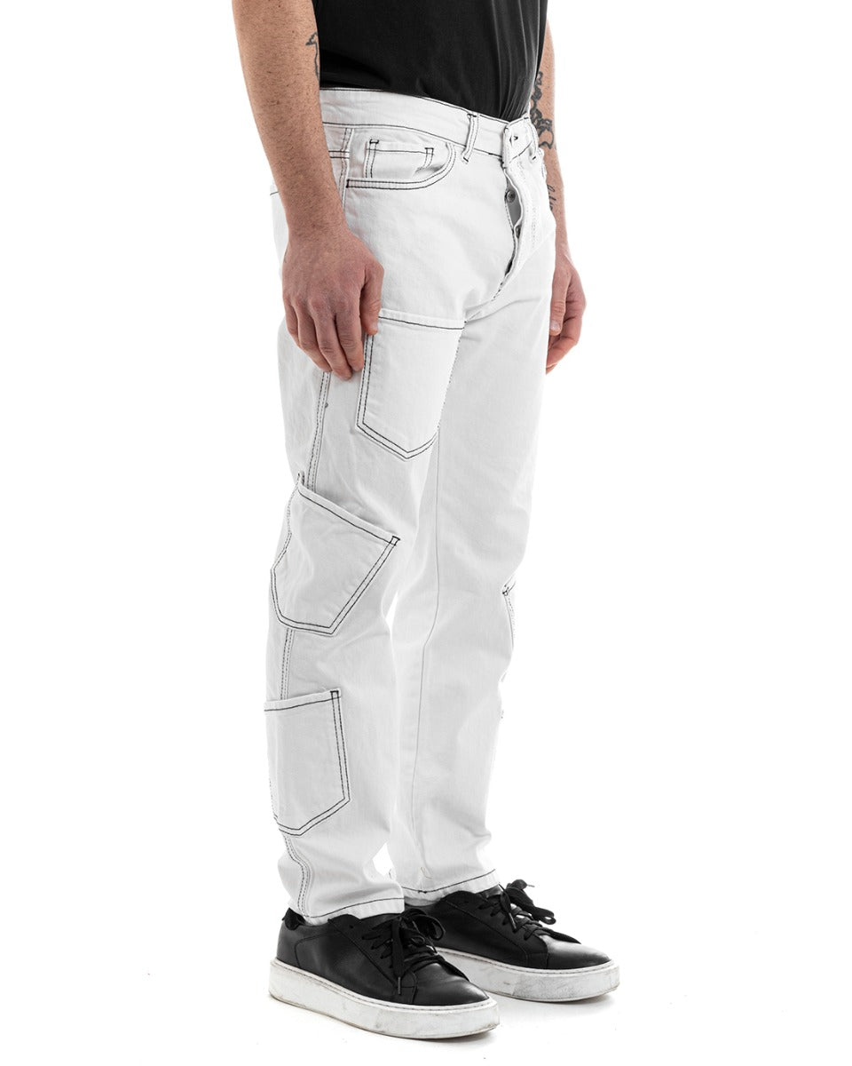 Pantaloni Uomo Lungo Cargo Jeans Bianco Tasche Straight Fit GIOSAL-P5661A