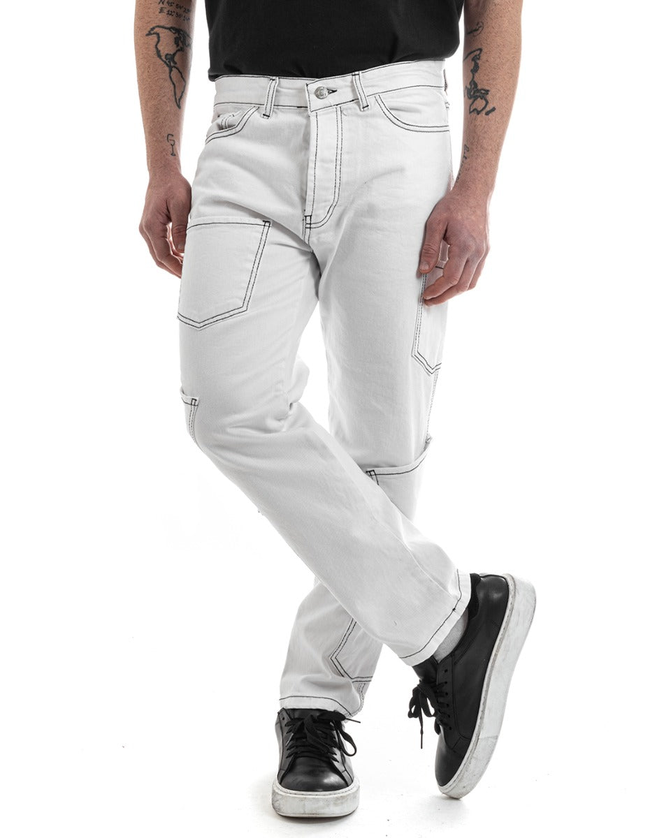 Pantaloni Uomo Lungo Cargo Jeans Bianco Tasche Straight Fit GIOSAL-P5661A