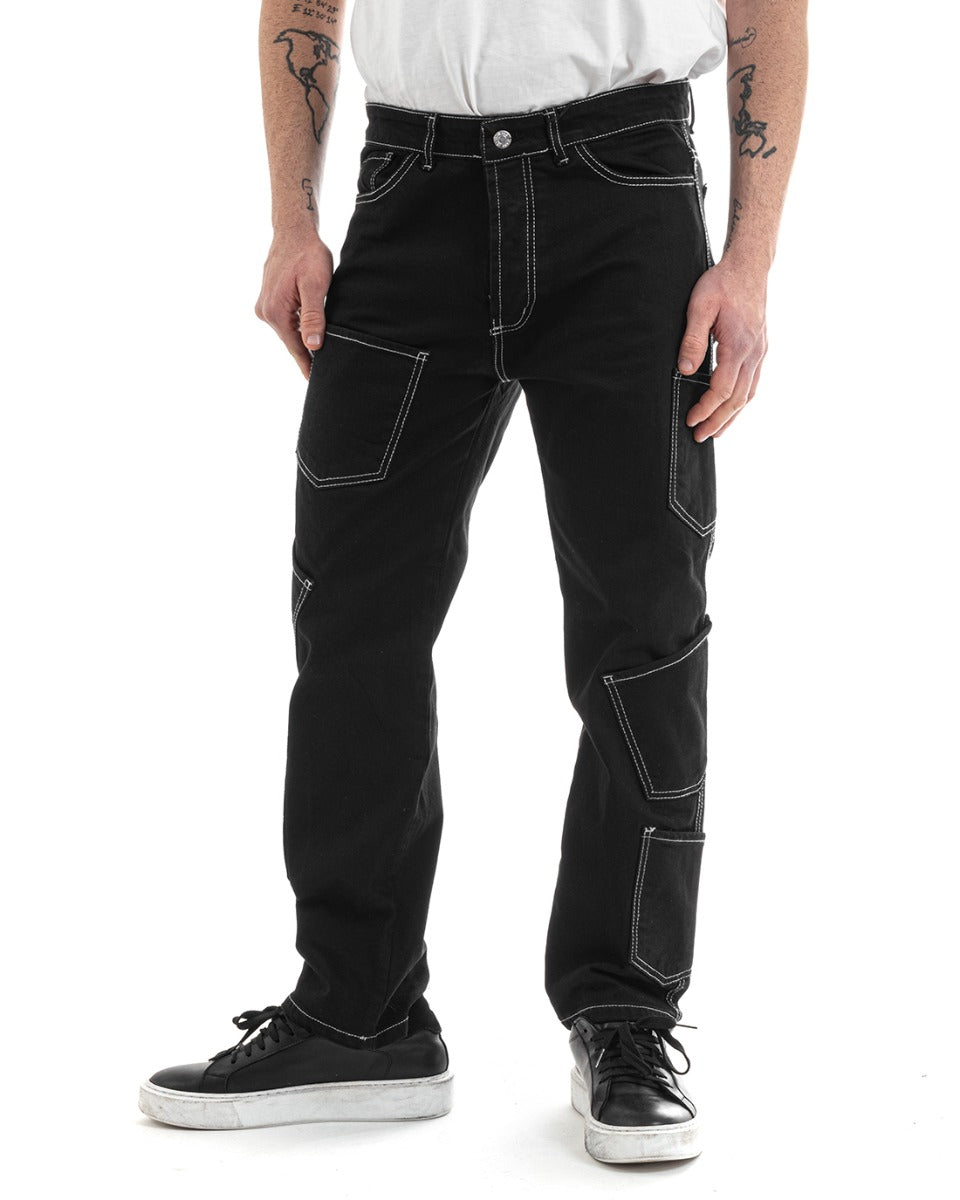 Men's Long Cargo Jeans Pants Solid Color Black Straight Pockets GIOSAL-P5662A