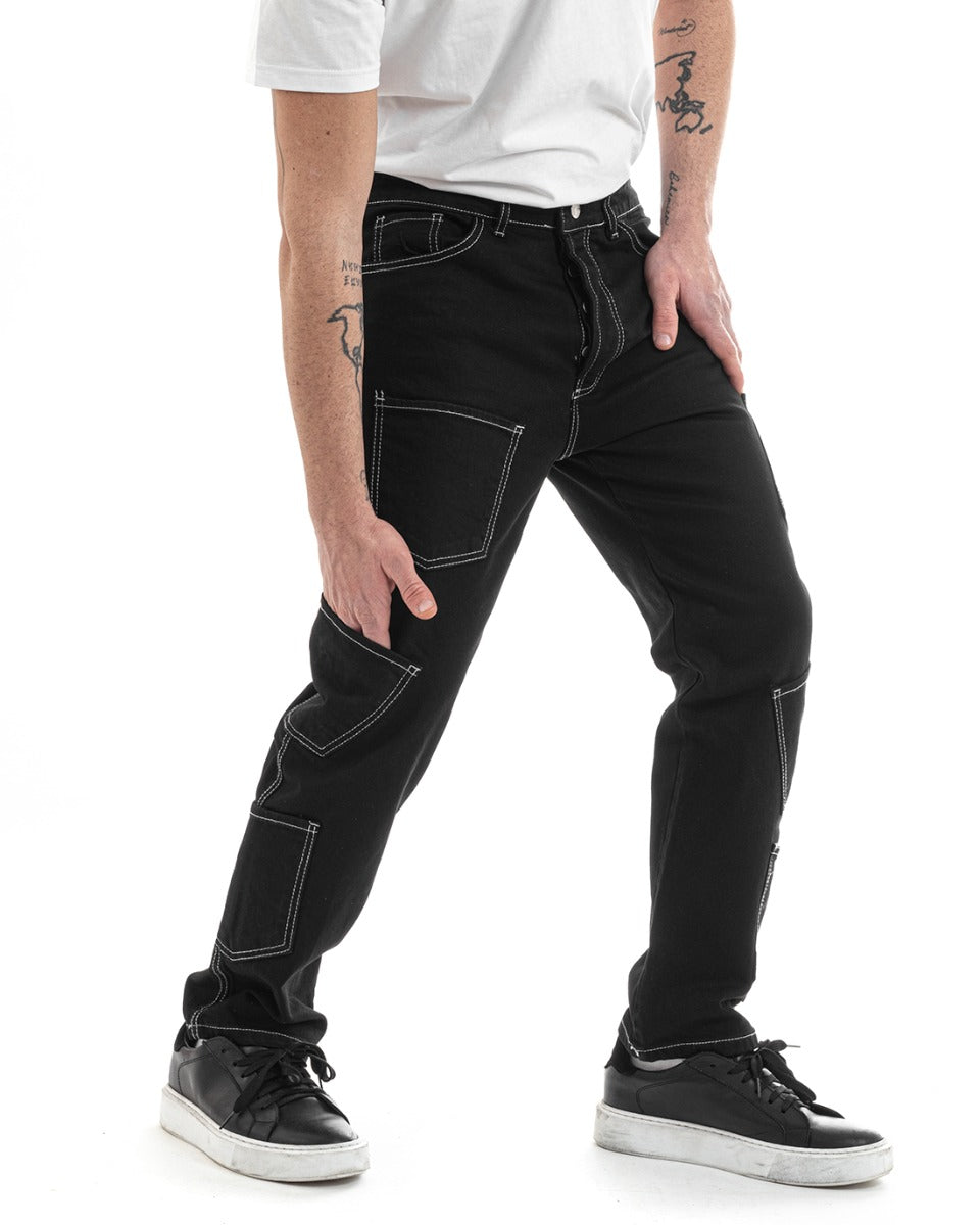 Pantaloni Uomo Lungo Cargo Jeans Nero Tasche Straight Fit GIOSAL-P5662A