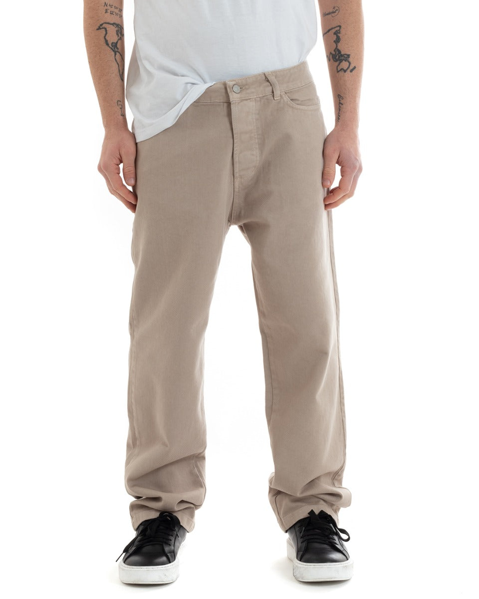Pantaloni Uomo Lungo Jeans Tinta Unita Cinque Tasche Beige Straight Fit GIOSAL-P5666A