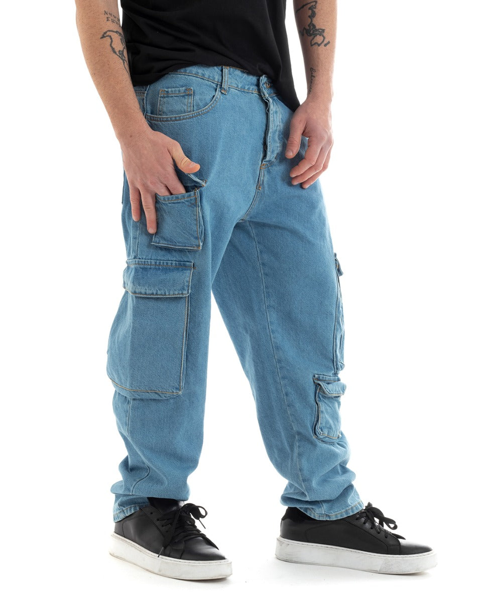 Pantaloni Uomo Jeans Cargo Straight Fit Denim Chiaro Casual GIOSAL-P5668A