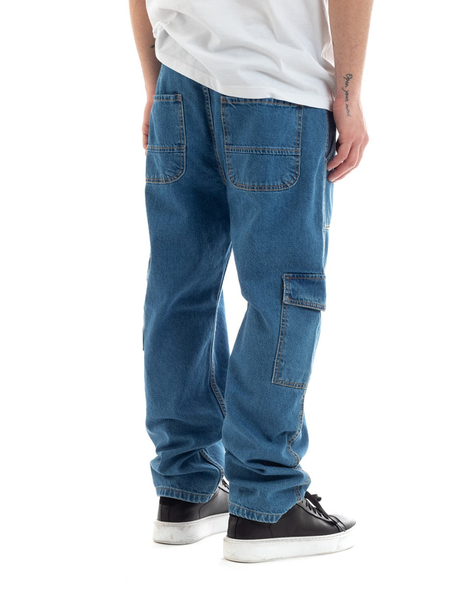 Pantaloni Uomo Jeans Cargo Straight Fit Denim Scuro Casual GIOSAL-P5669A