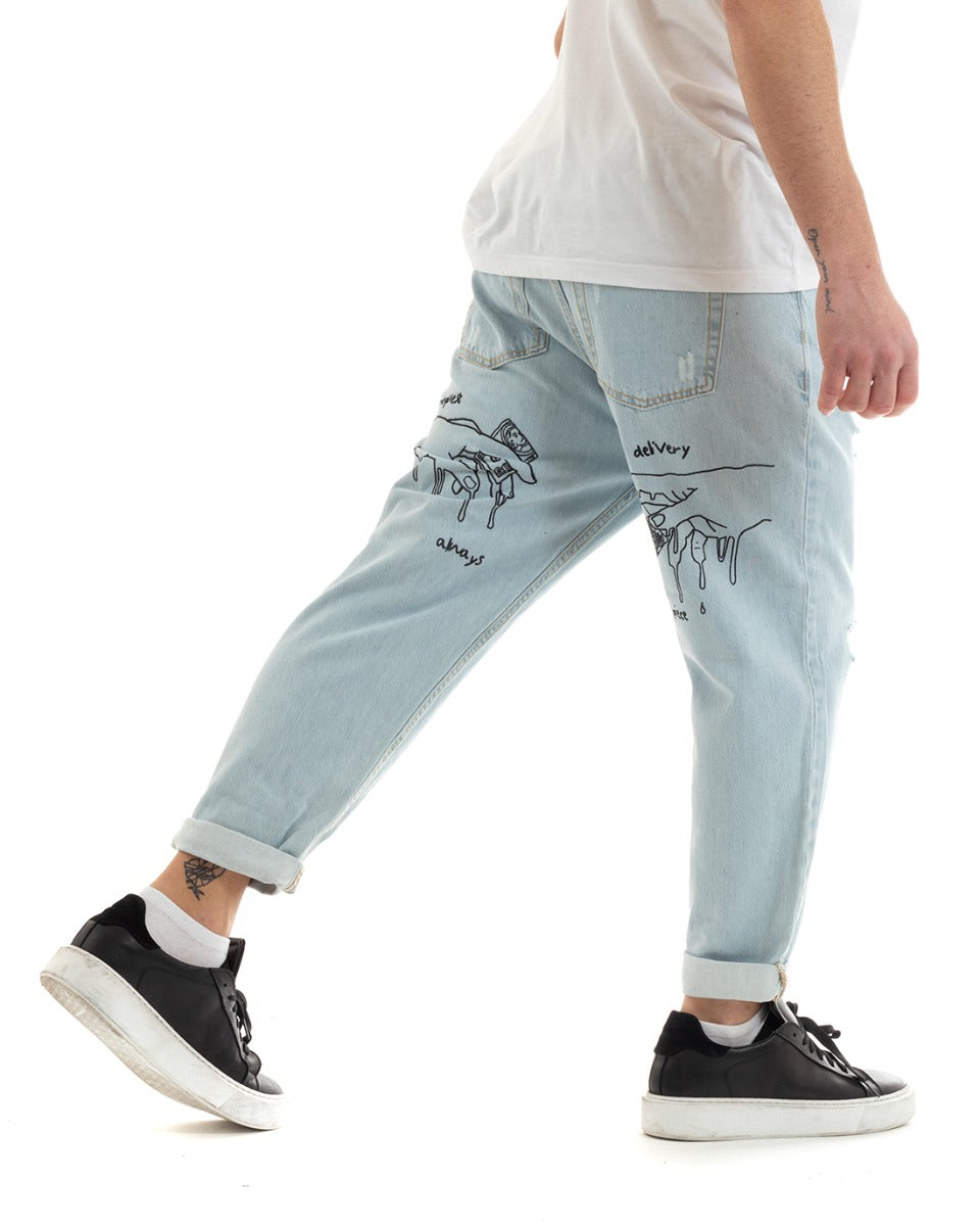 Pantaloni Jeans Uomo Loose Fit Denim Chiaro Cinque Tasche Con Rotture Casual GIOSAL-P5671A