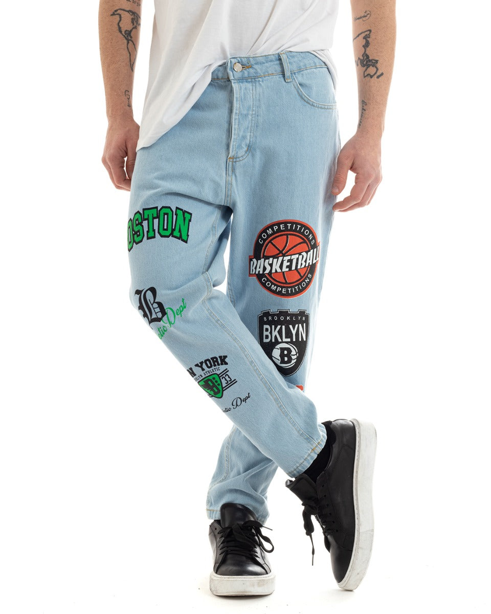 Pantaloni Jeans Uomo Loose Fit Denim Chiaro Cinque Tasche Con Stampa GIOSAL-P5672A