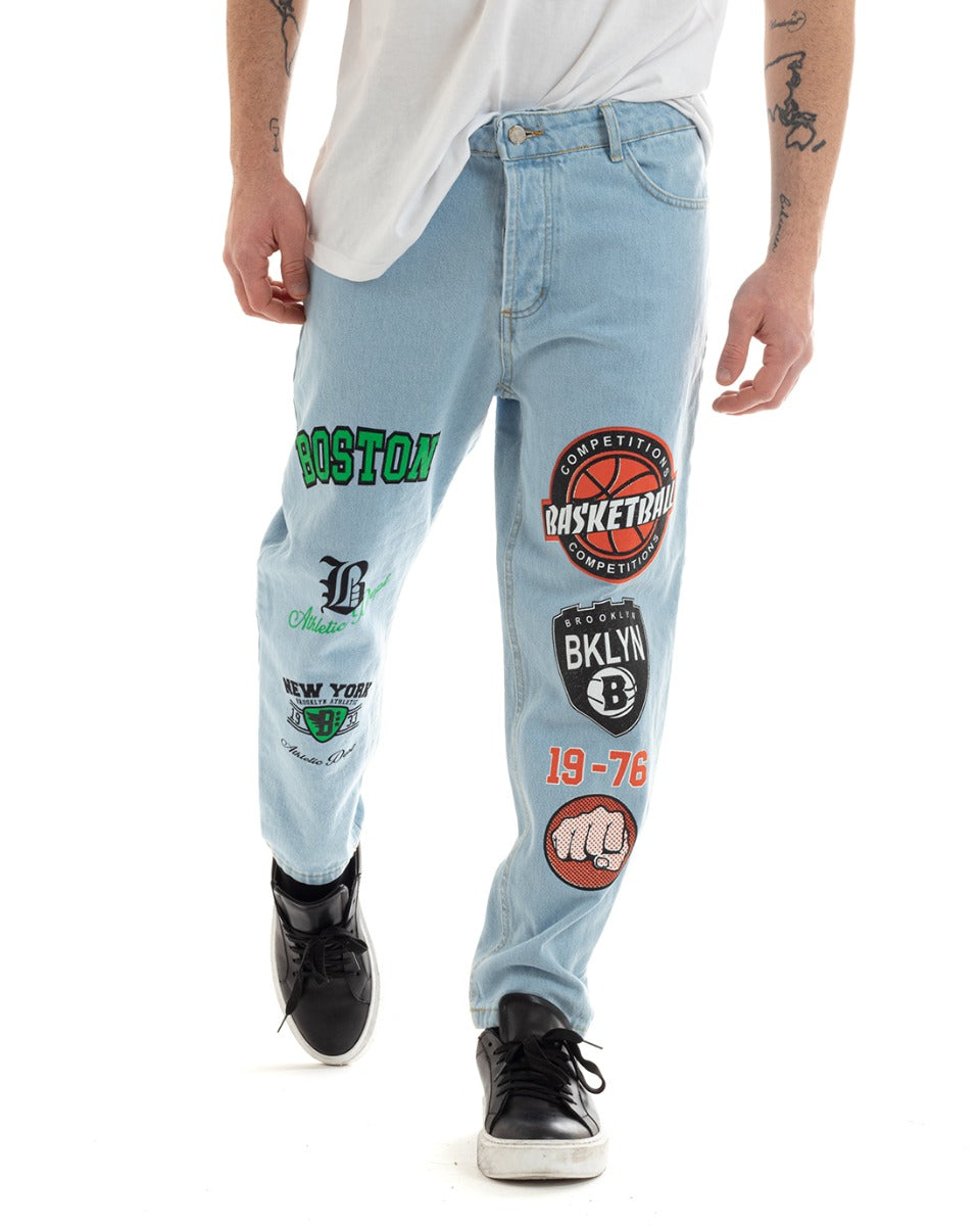 Pantaloni Jeans Uomo Loose Fit Denim Chiaro Cinque Tasche Con Stampa GIOSAL-P5672A