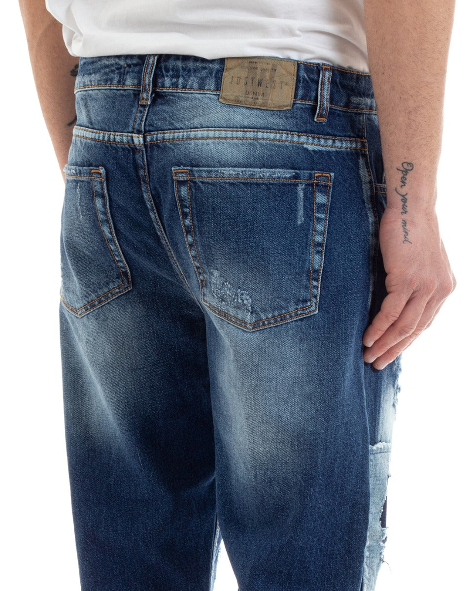 Pantaloni Jeans Uomo Loose Fit Denim Scuro Cinque Tasche Con Rotture Casual GIOSAL-P5674A