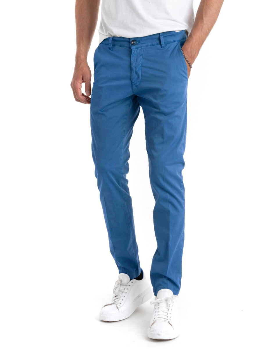 Pantaloni Uomo Cotone Tasca America Lungo Sartoriale Slim Azzurro GIOSAL-P5697A