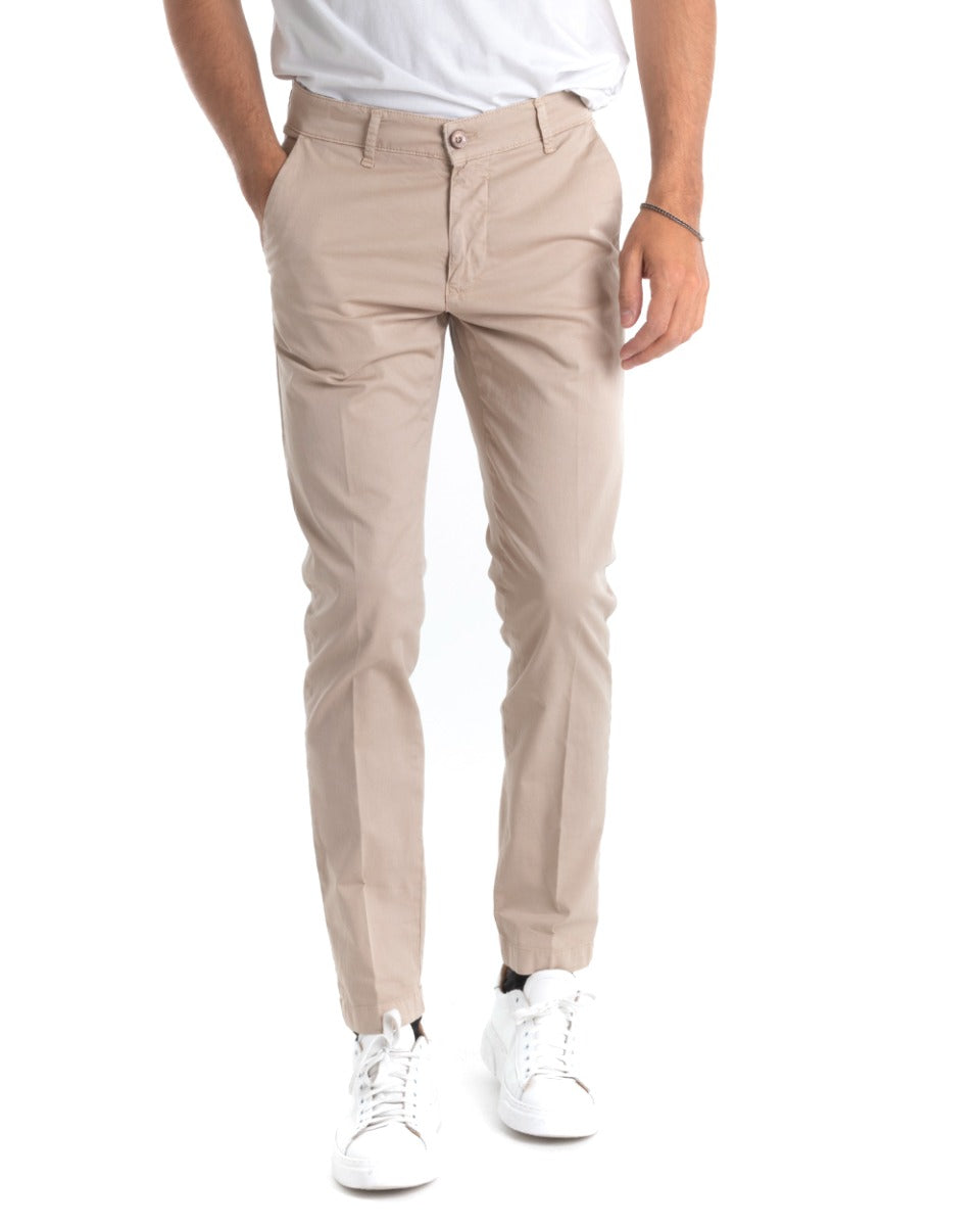 Pantaloni Uomo Cotone Tasca America Lungo Sartoriale Slim Beige GIOSAL-P5701A