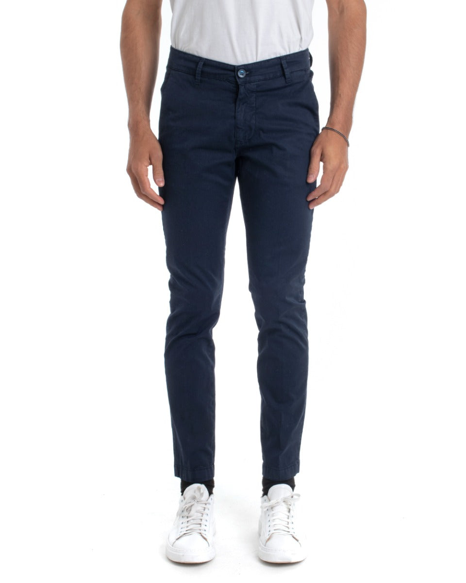 Pantaloni Uomo Cotone Tasca America Lungo Sartoriale Slim Blu GIOSAL-P5704A