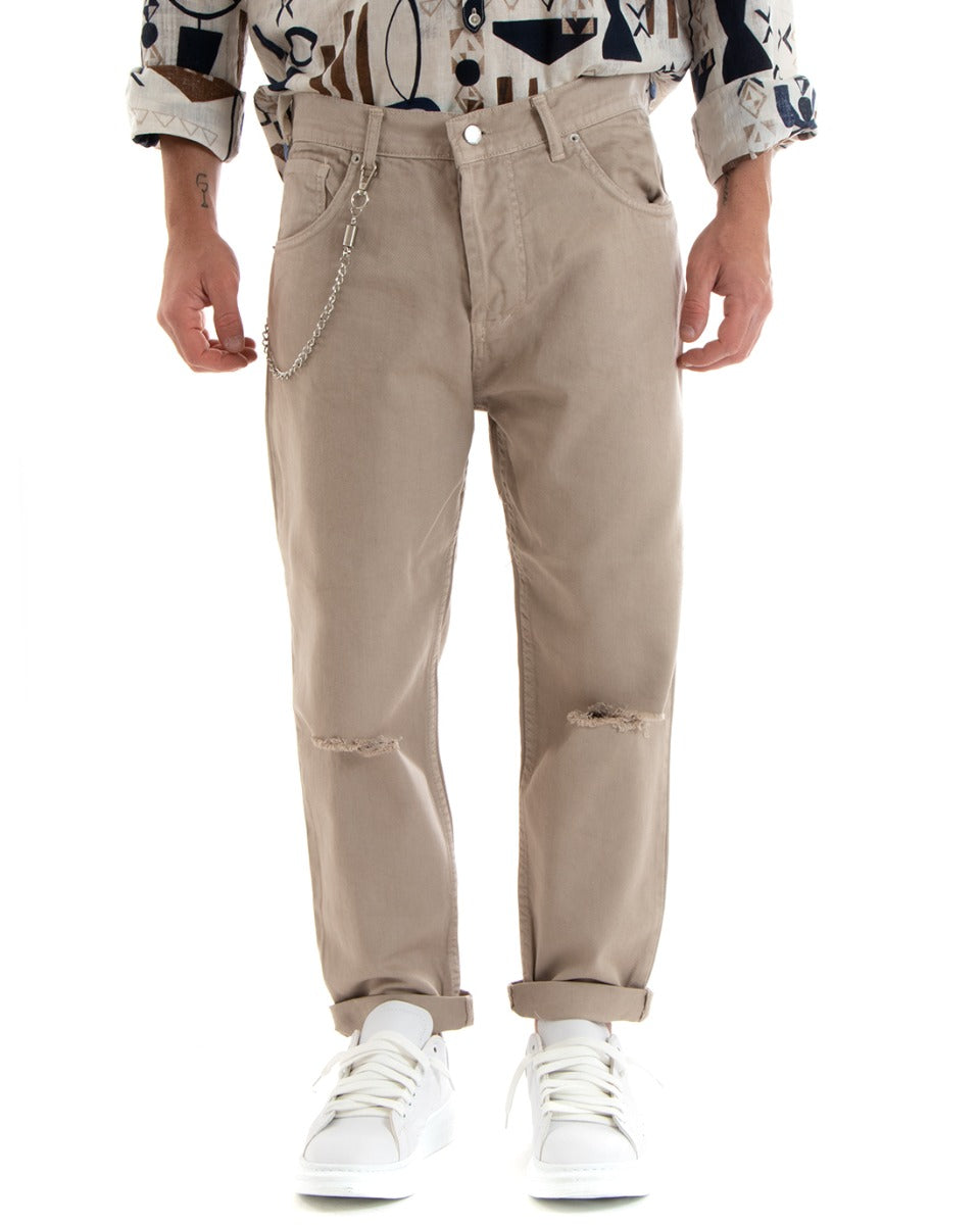 Men's Loose Fit Beige Jeans Trousers With Knee-Length Cut Five Pockets GIOSAL-P5709A