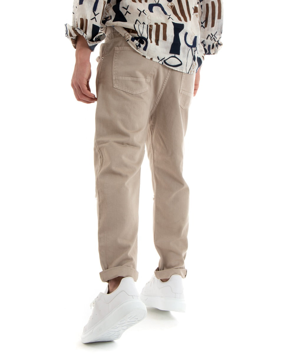 Men's Loose Fit Beige Jeans Trousers With Knee-Length Cut Five Pockets GIOSAL-P5709A