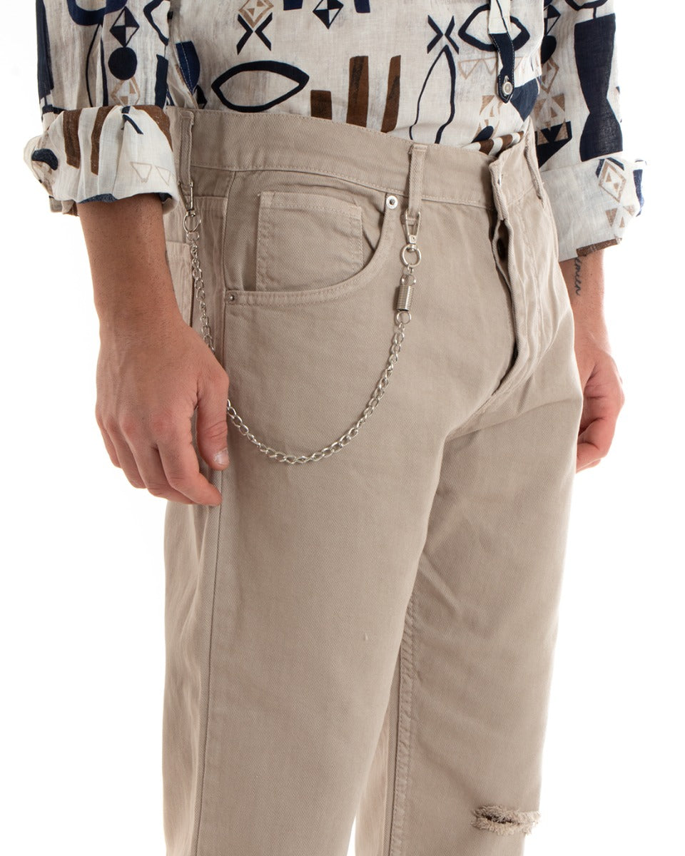 Pantaloni Jeans Uomo Loose Fit Beige Con Taglio Al Ginocchio Cinque Tasche GIOSAL-P5709A