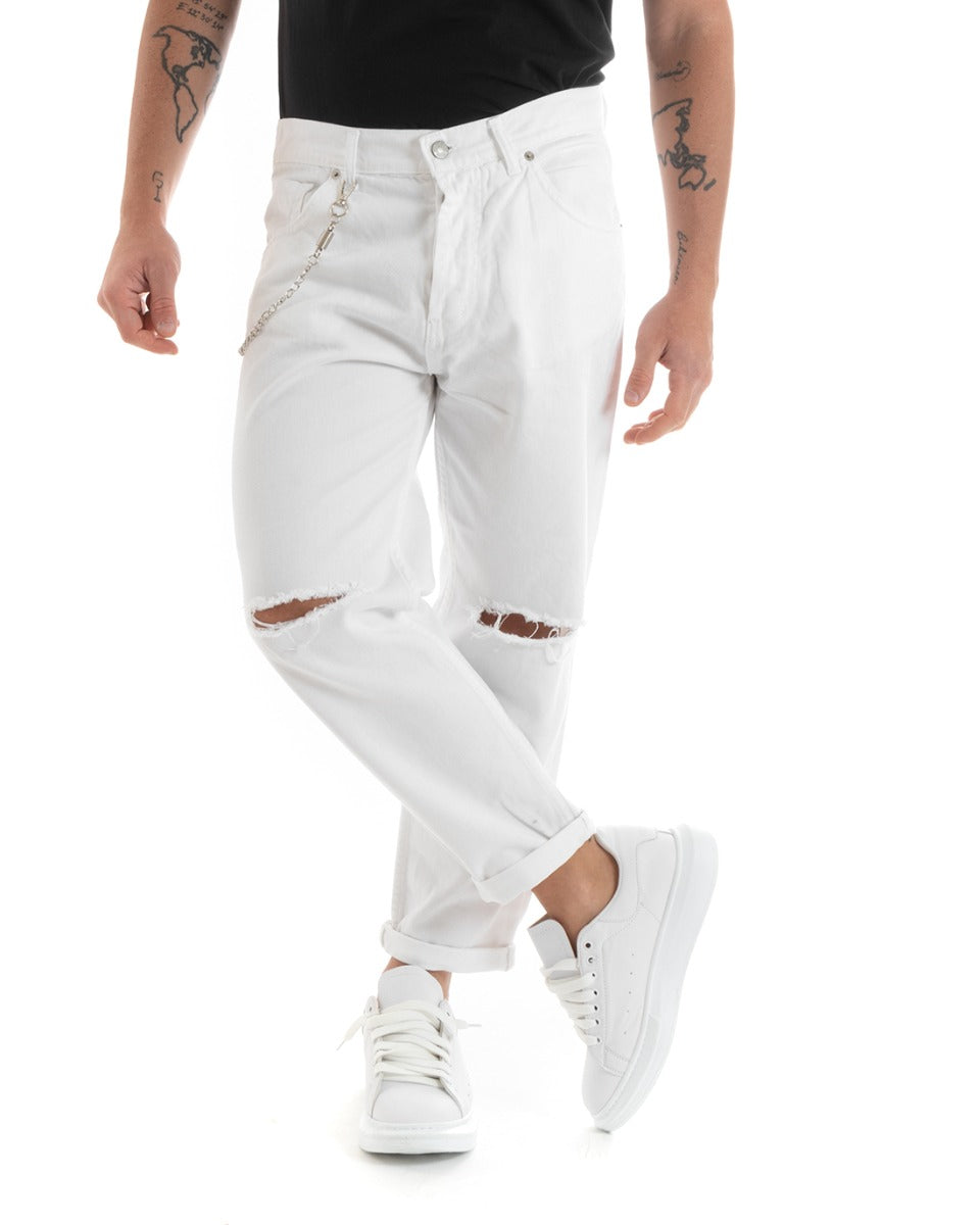 Men's Loose Fit White Jeans Trousers With Rips Five Pockets GIOSAL-P5712A