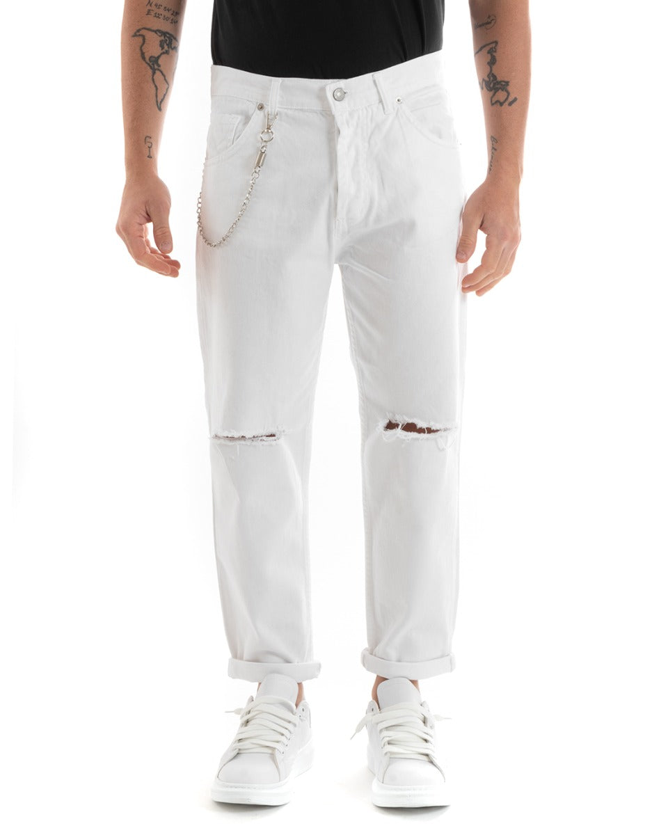 Men's Loose Fit White Jeans Trousers With Rips Five Pockets GIOSAL-P5712A
