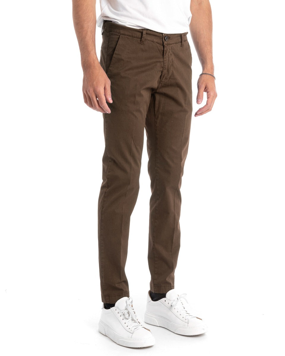 Pantaloni Uomo Cotone Tasca America Lungo Sartoriale Slim Marrone GIOSAL-P5714A