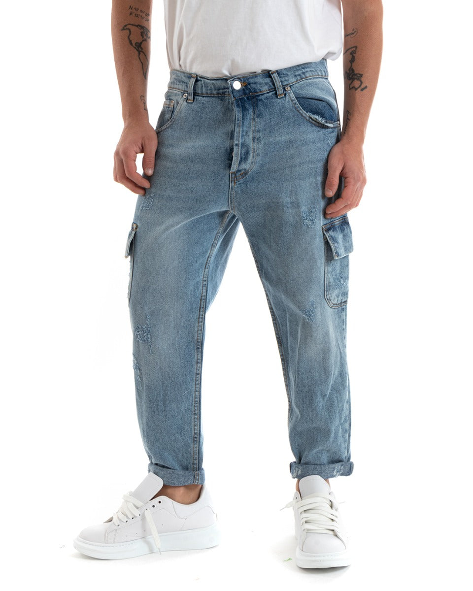 Pantaloni Jeans Uomo Loose Fit Cargo Denim Stone Washed Cinque Tasche Casual GIOSAL-P5715A