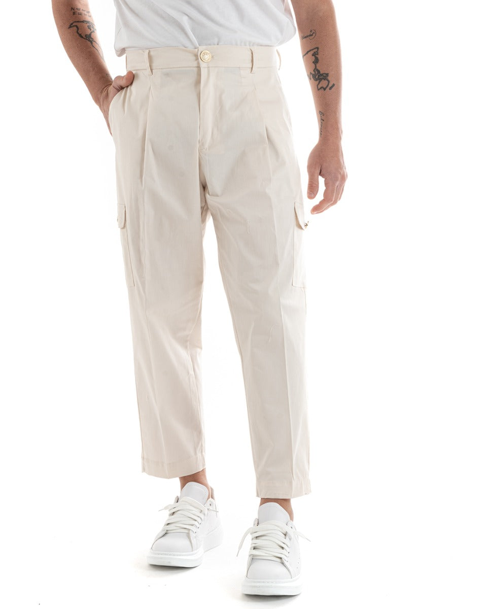 Pantaloni Uomo Cargo Tasconi Tinta Unita Panna Elastico Loose Fit GIOSAL-P5721A