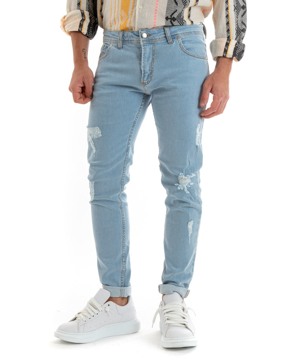 Pantaloni Jeans Uomo Slim Fit Denim Chiaro Con Rotture Casual GIOSAL-P5725A