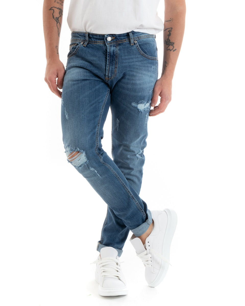 Pantaloni Jeans Uomo Slim Fit Denim Con Rotture Cinque Tasche Casual GIOSAL-P5727A