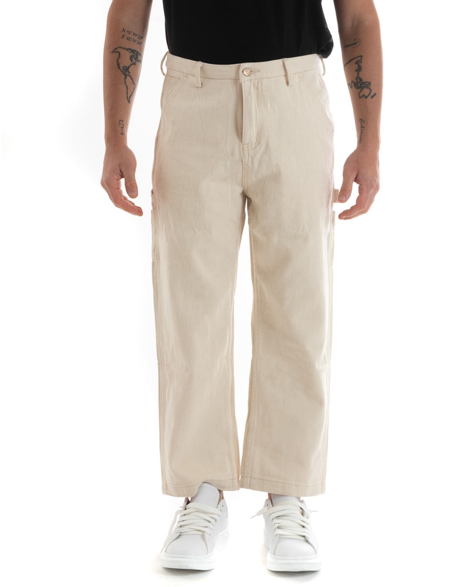 Pantaloni Jeans Uomo Wide Leg Panna Denim Cinque Tasche Casual GIOSAL-P5728A
