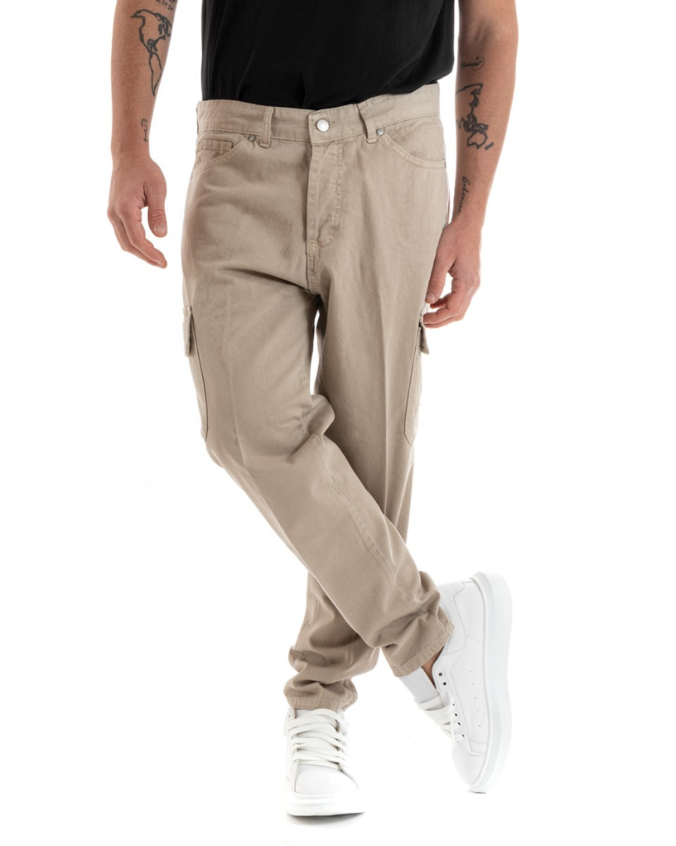 Pantalone Uomo Cargo Wide Leg Tasconi Beige Lungo Casual GIOSAL-P5732A