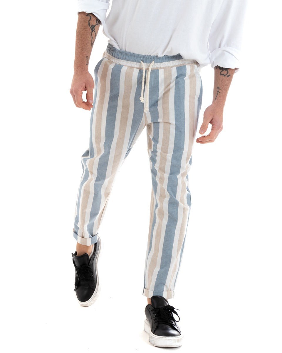 Multicolored Striped Men's Trousers Elastic Drawstring Light Blue Pattern GIOSAL-P5742A