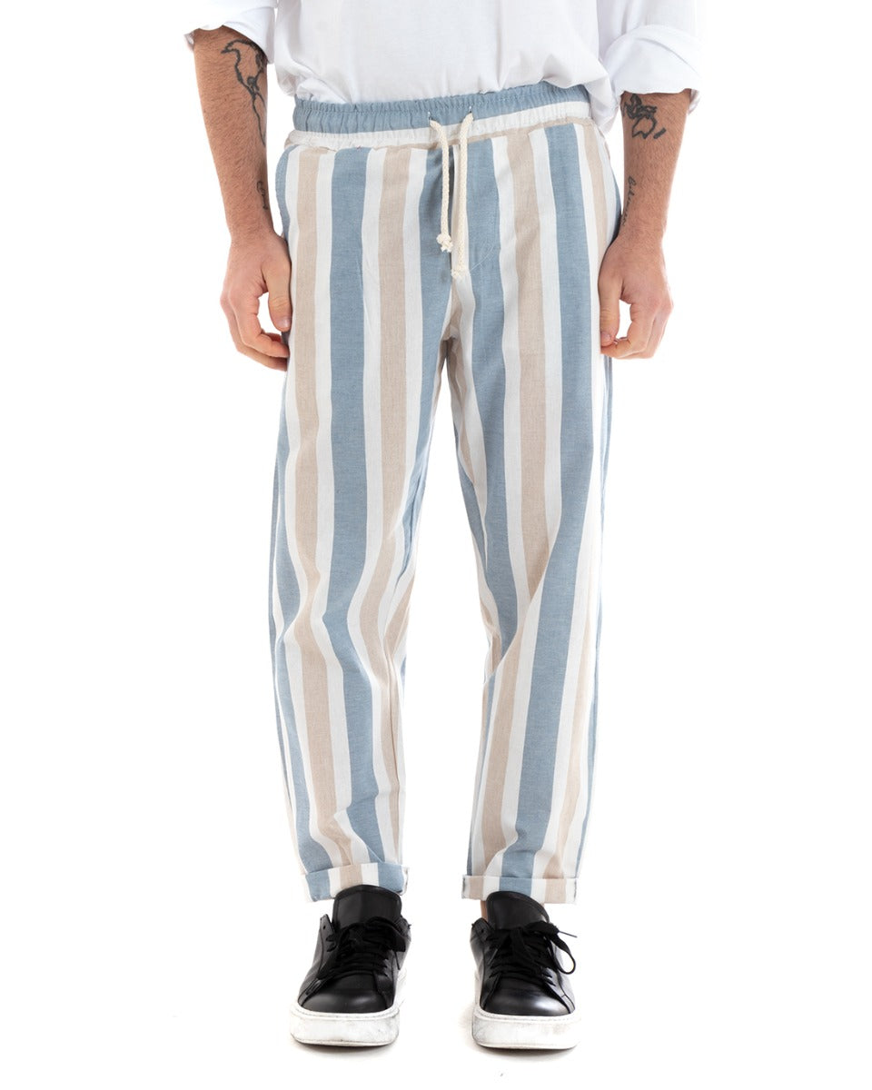 Multicolored Striped Men's Trousers Elastic Drawstring Light Blue Pattern GIOSAL-P5742A