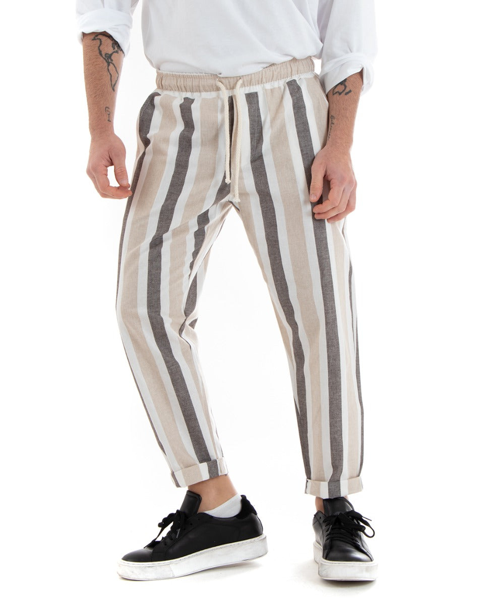 Multicolored Striped Men's Trousers Elastic Drawstring Brown Pattern GIOSAL-P5743A