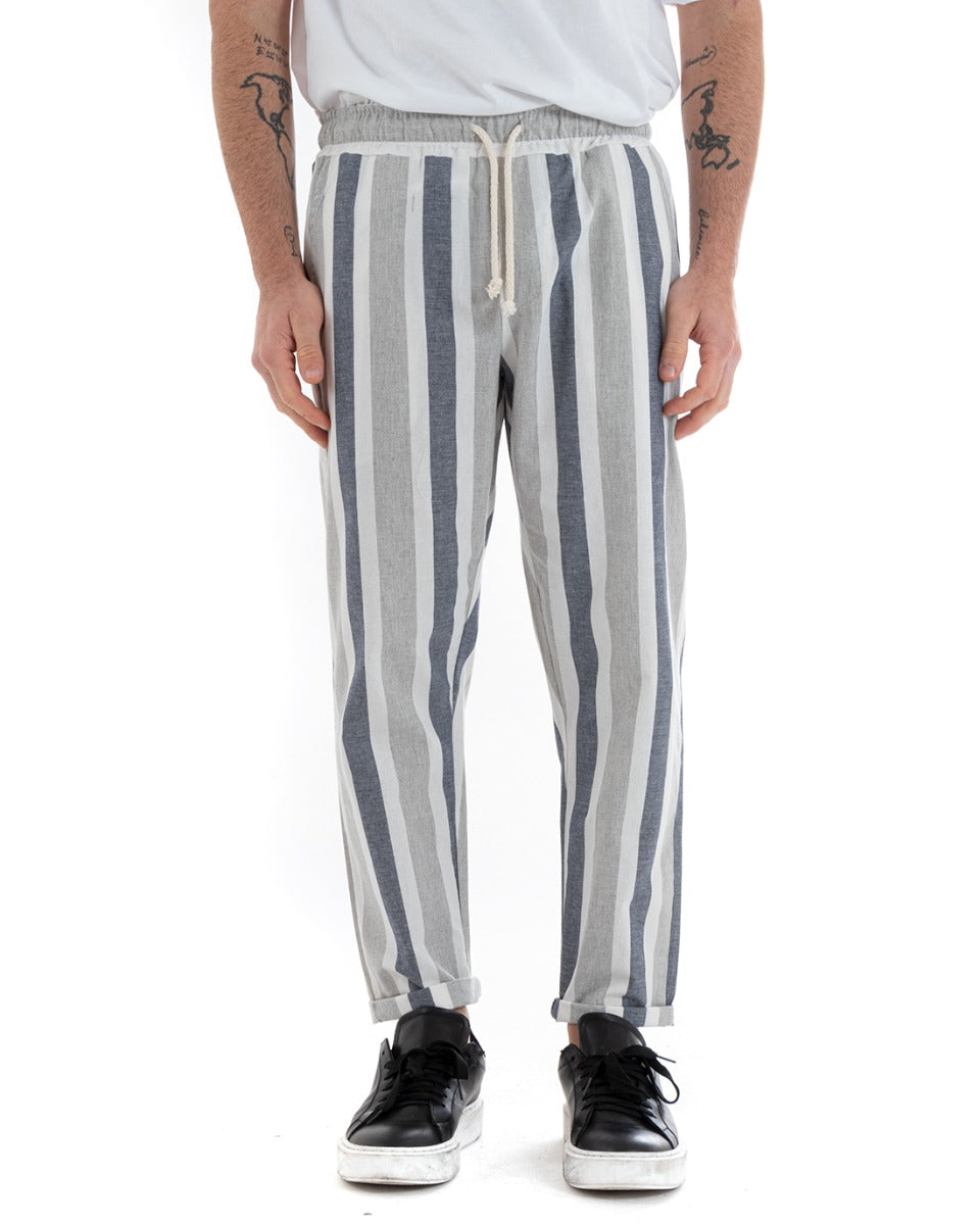 Multicolored Striped Men's Trousers Elastic Drawstring Blue Pattern GIOSAL-P5744A