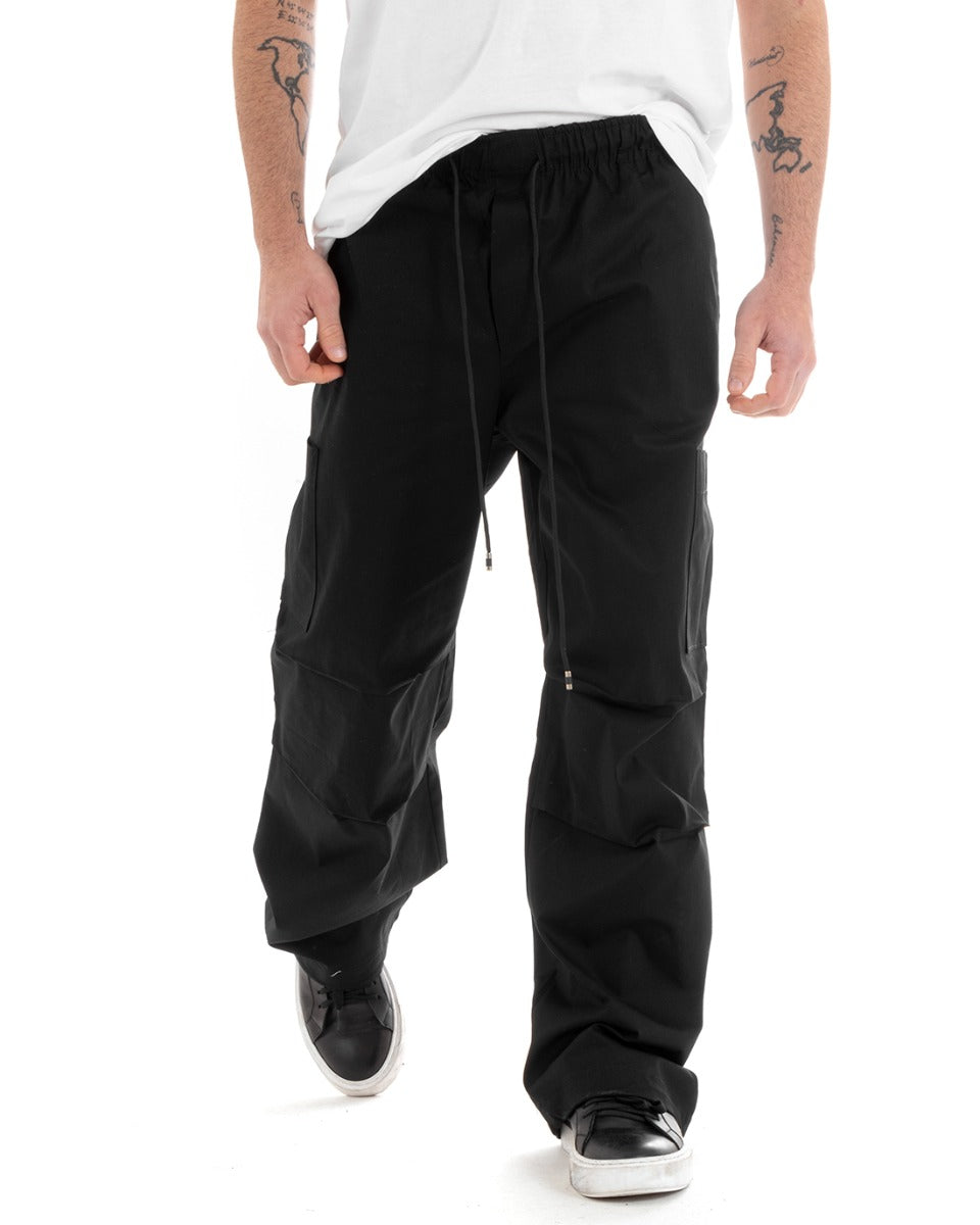 Pantaloni Uomo Parachute Elastico Coulisse Nero Tinta Unita Oversize GIOSAL-P5745A
