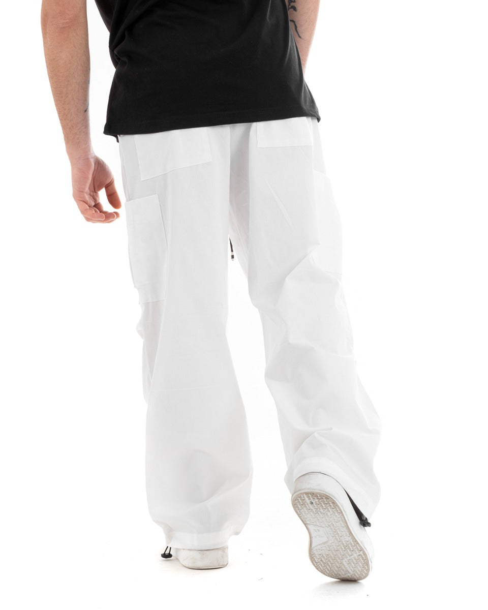 Men's Parachute Elastic Drawstring Pants White Solid Color Oversize GIOSAL-P5746A
