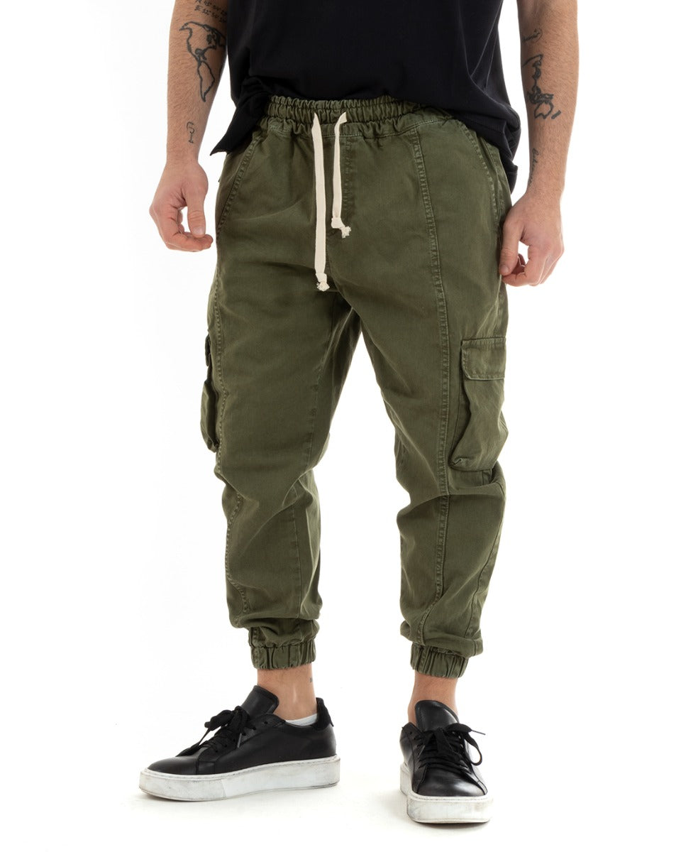 Pantaloni Uomo Cargo Tasconi Joggers Coulisse Tinta Unita Verde GIOSAL-P5749A