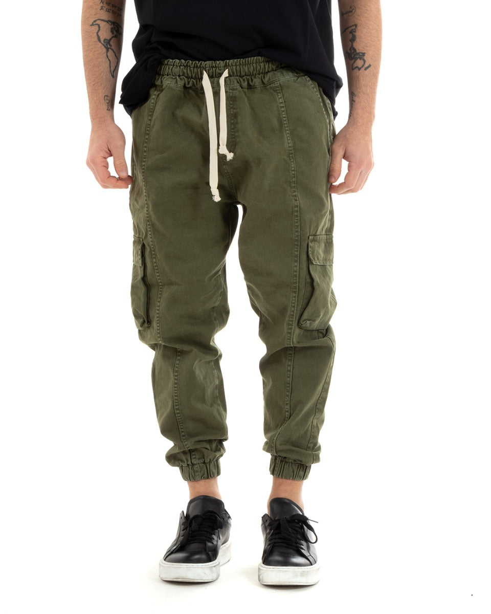Pantaloni Uomo Cargo Tasconi Joggers Coulisse Tinta Unita Verde GIOSAL-P5749A