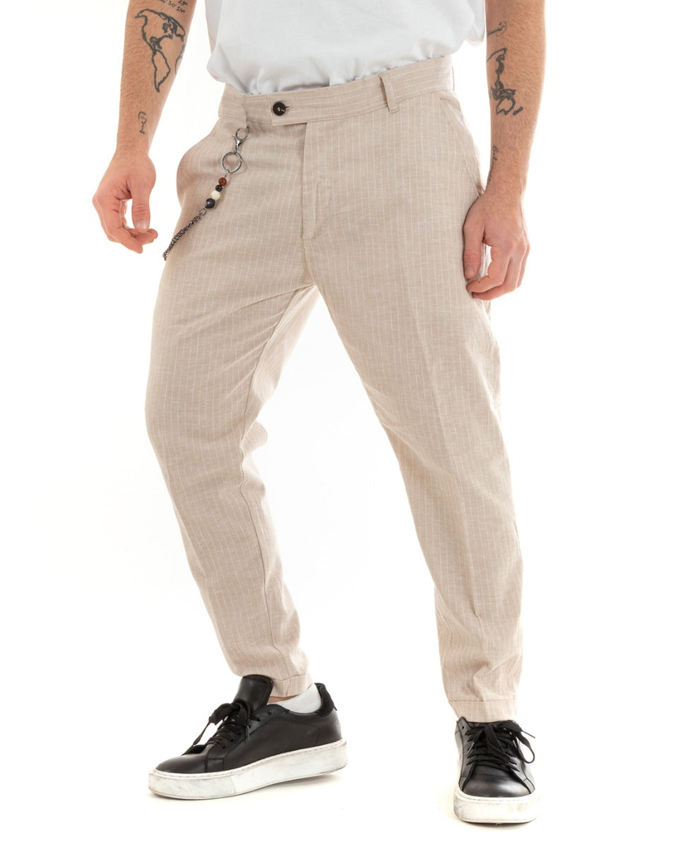 Long Striped Men's Trousers Solid Color Beige Elongated Button Linen GIOSAL-P5752A