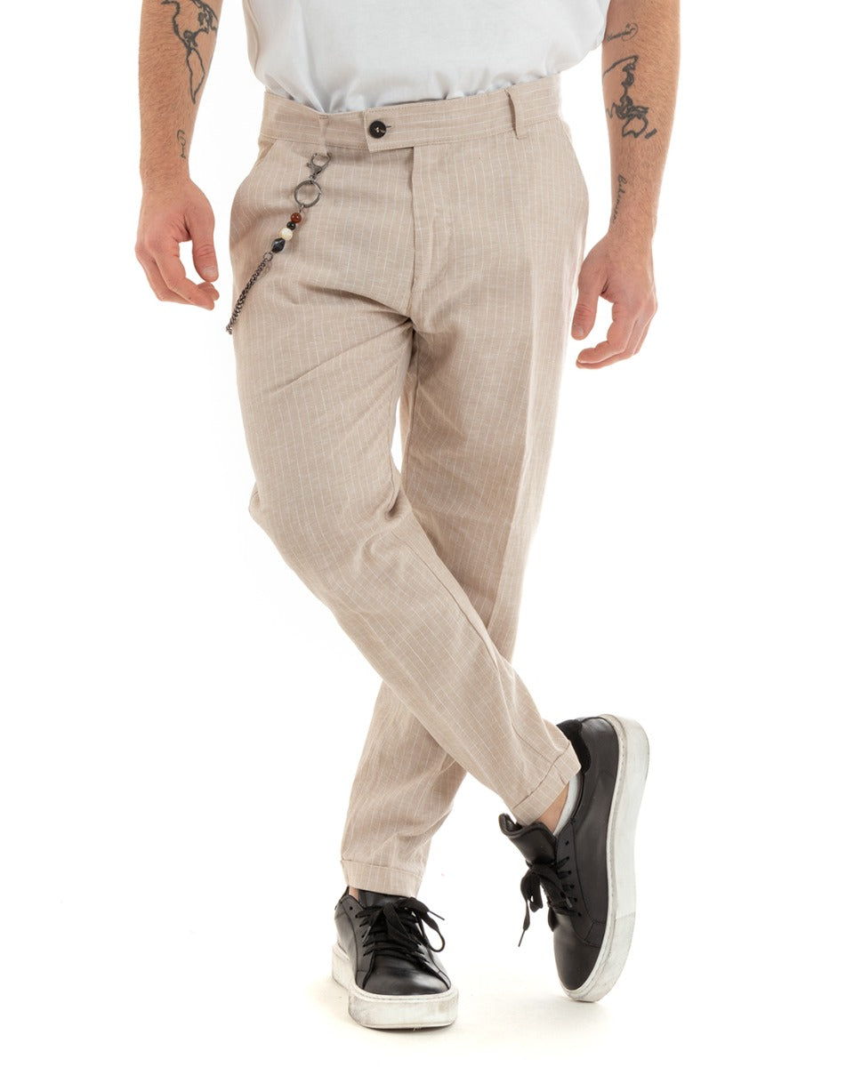 Long Striped Men's Trousers Solid Color Beige Elongated Button Linen GIOSAL-P5752A