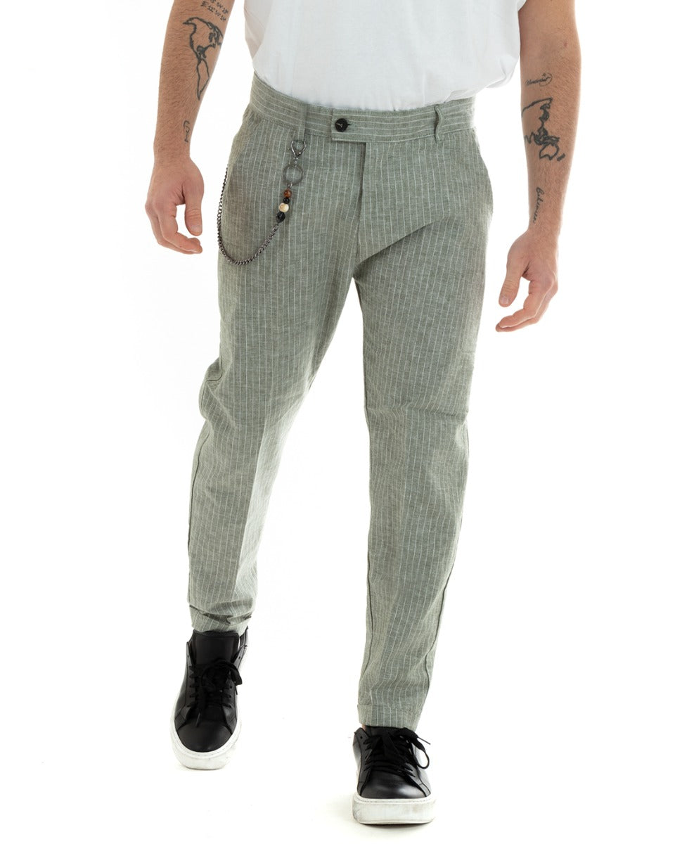 Long Striped Men's Trousers Solid Color Green Elongated Button Linen GIOSAL-P5753A