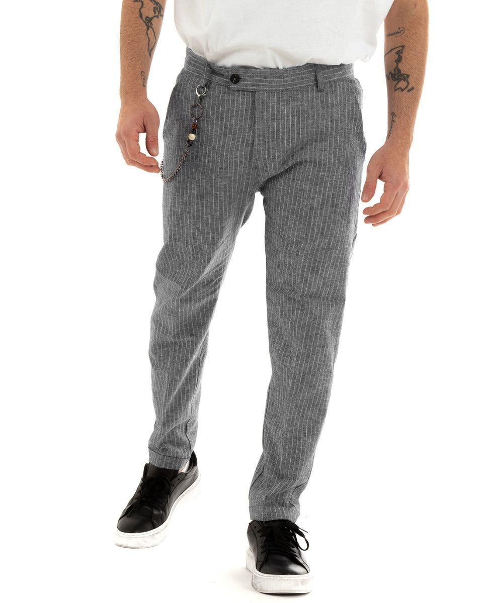Long Striped Men's Trousers Solid Color Gray Elongated Button Linen GIOSAL-P5755A