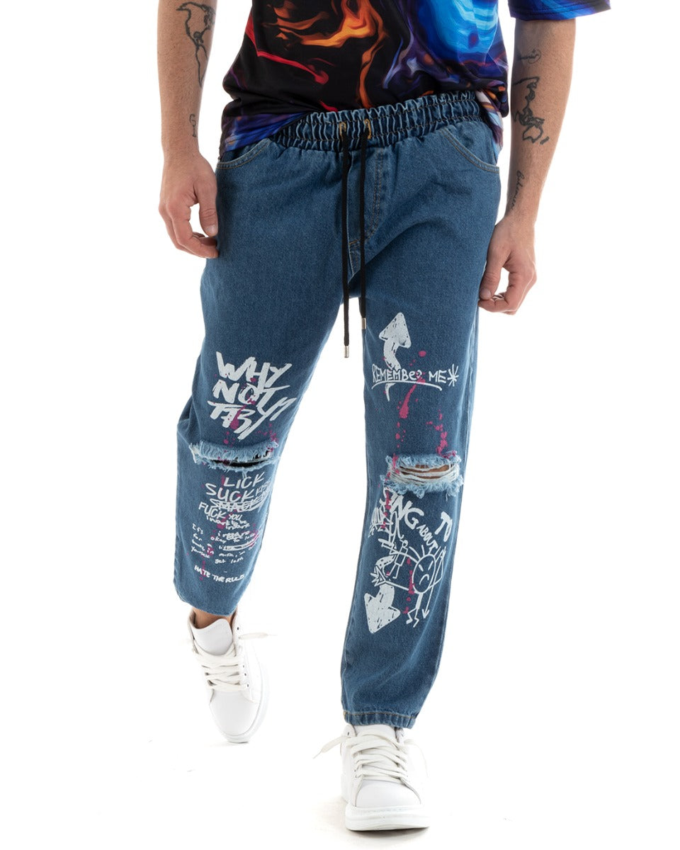 Pantaloni Jeans Uomo Regular Fit Denim Stampa Pantalaccio Con Rotture GIOSAL-P5767A